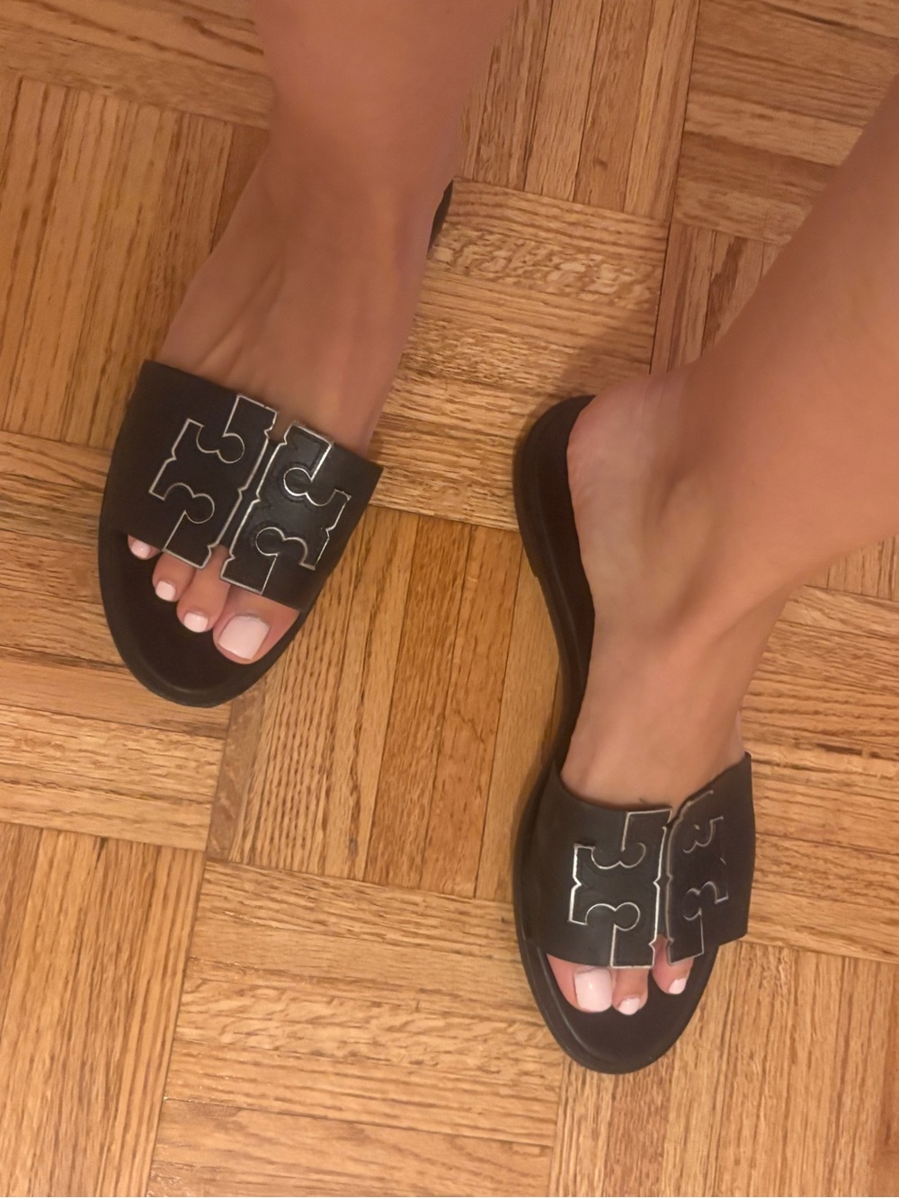 Tory Burch Double T Logo Black Slide Sandals